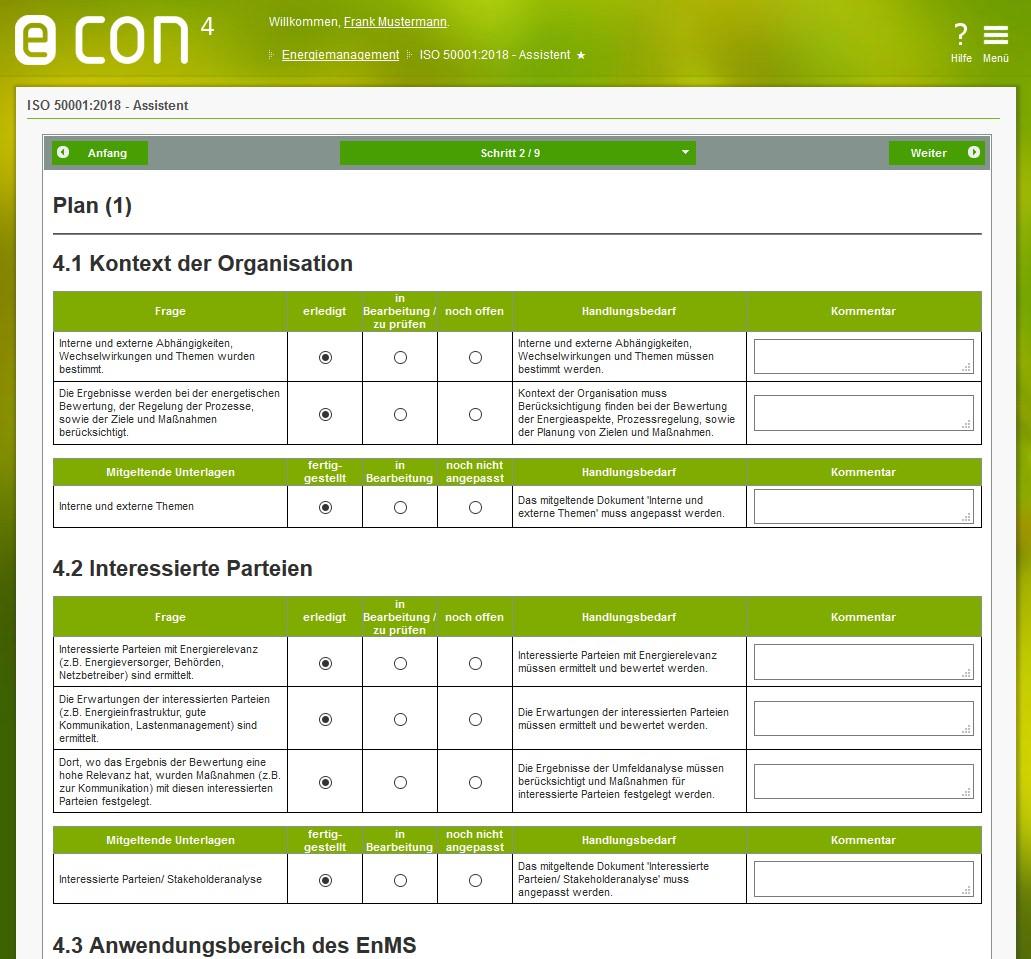 Screenshot econ4 Software Kontext der Organisation, Interessierte Parteien,...